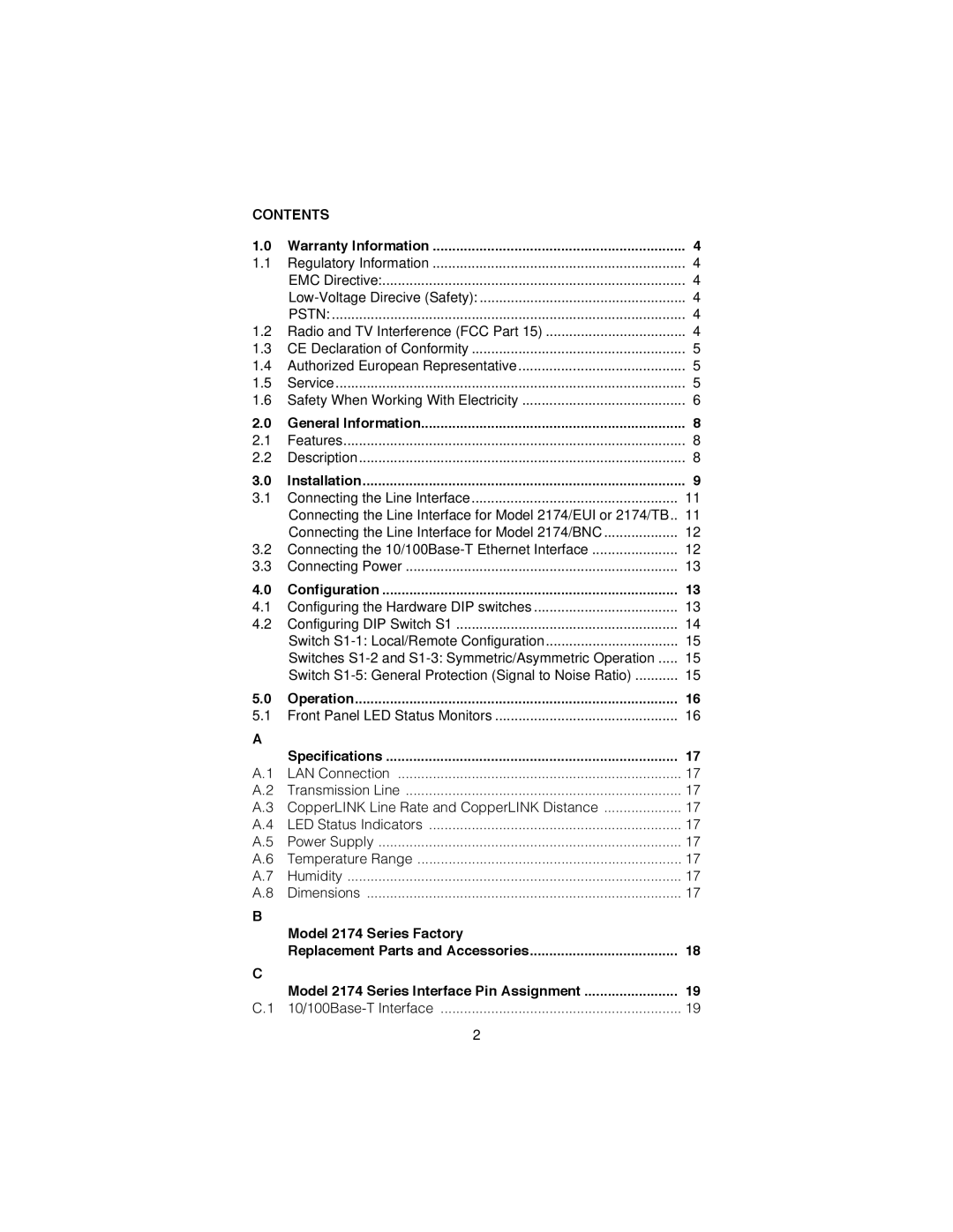 Patton electronic 2174 user manual Contents 