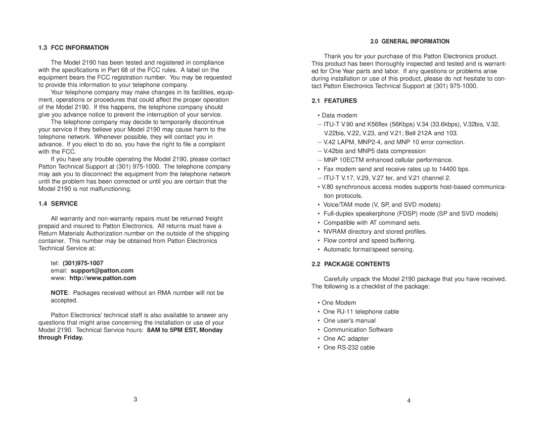 Patton electronic 2190 user manual FCC Information, Service, Features, Package Contents 