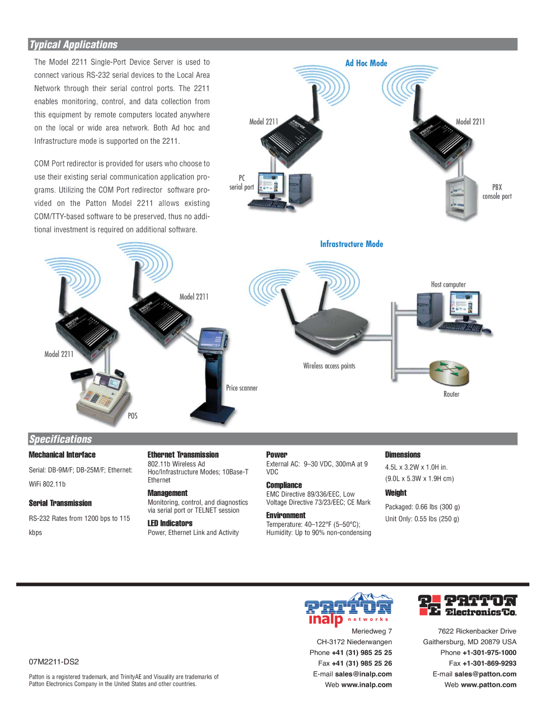 Patton electronic 2211 manual Typical Applications, Specifications 