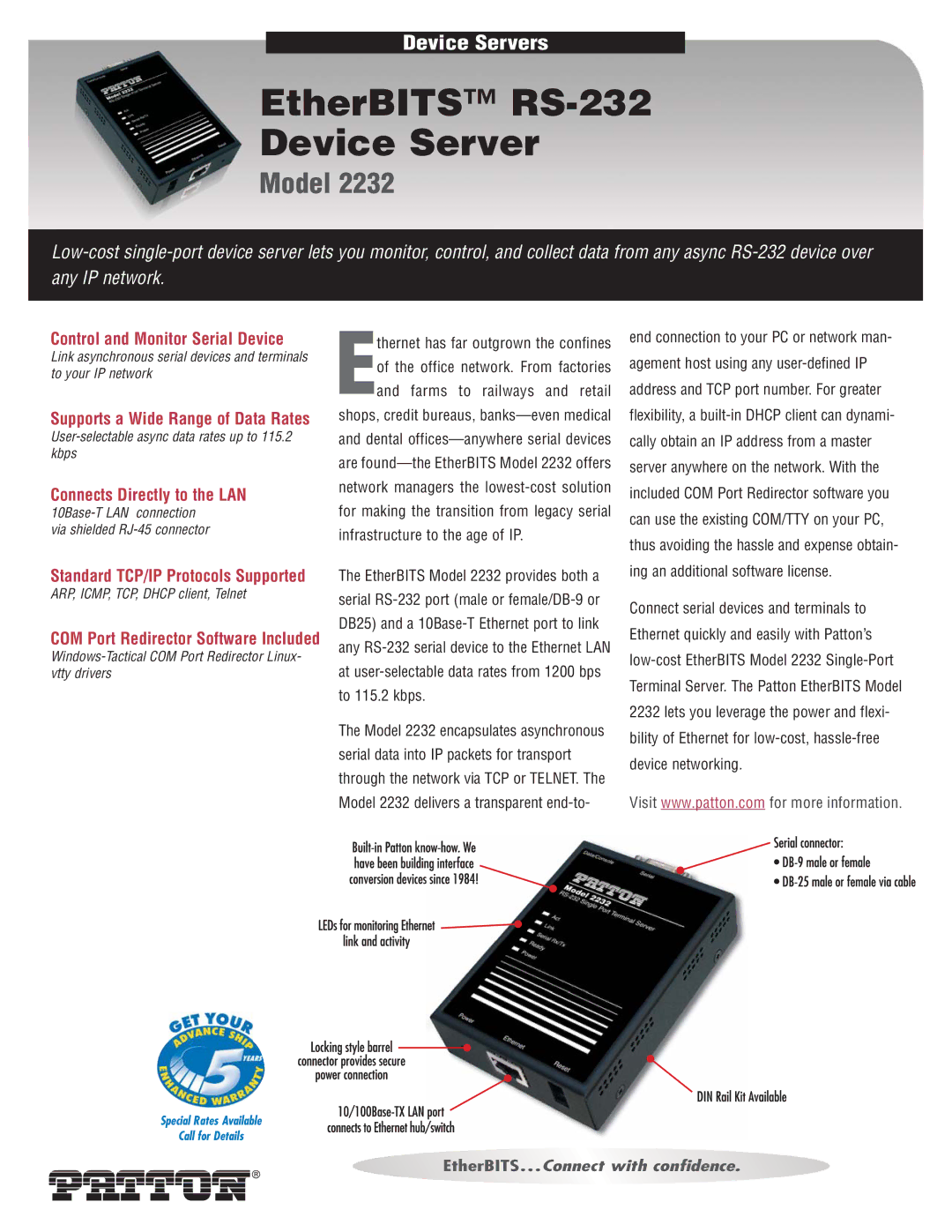 Patton electronic 2232 manual Control and Monitor Serial Device, Connects Directly to the LAN 