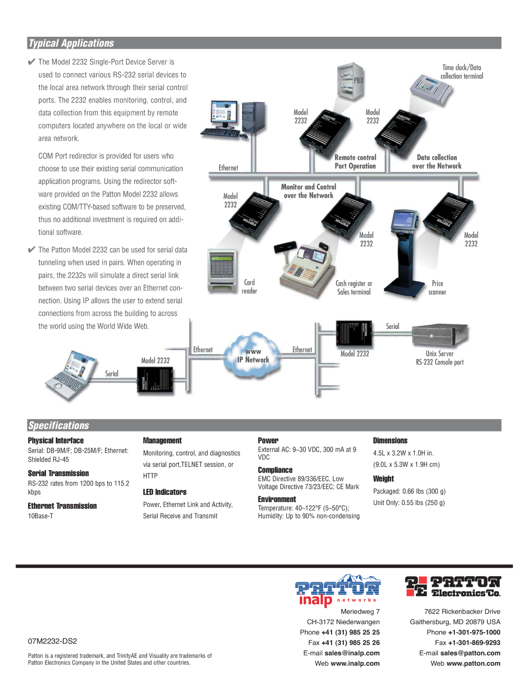 Patton electronic 2232 manual Typical Applications, Specifications 