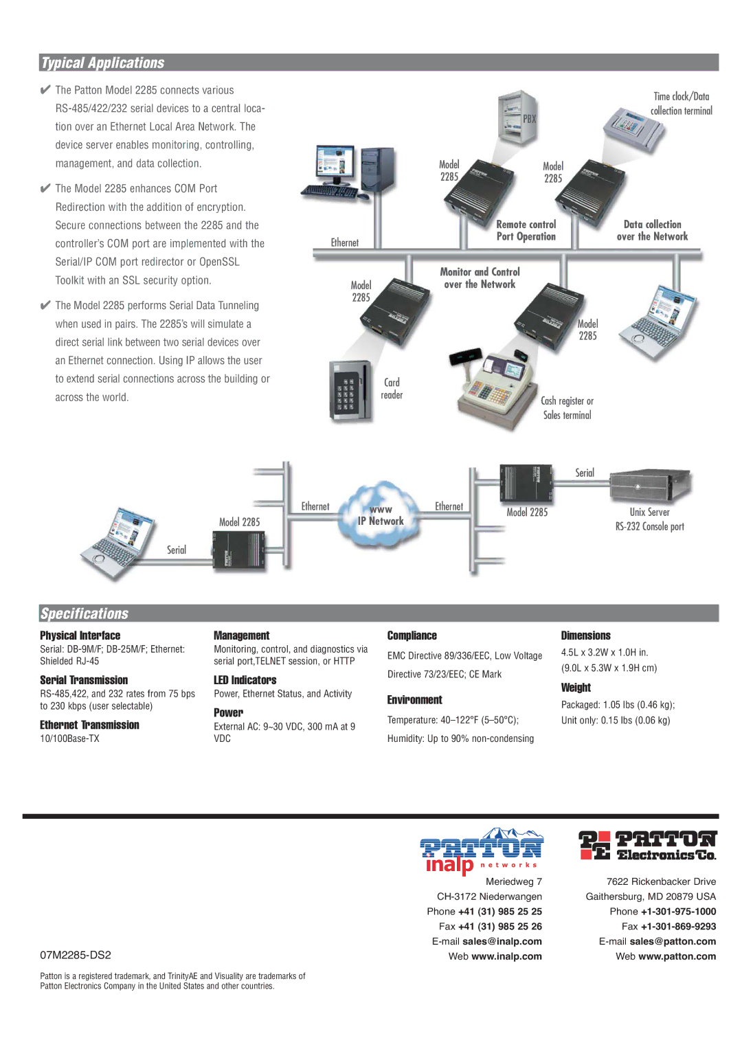 Patton electronic 2285 manual Typical Applications, Specifications 