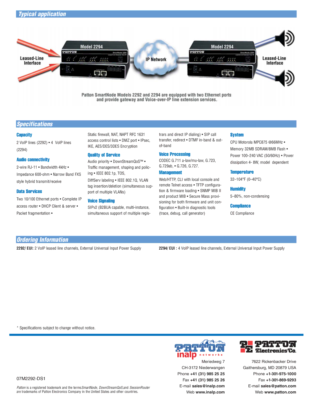 Patton electronic 2290 Series manual Specifications, Ordering Information 