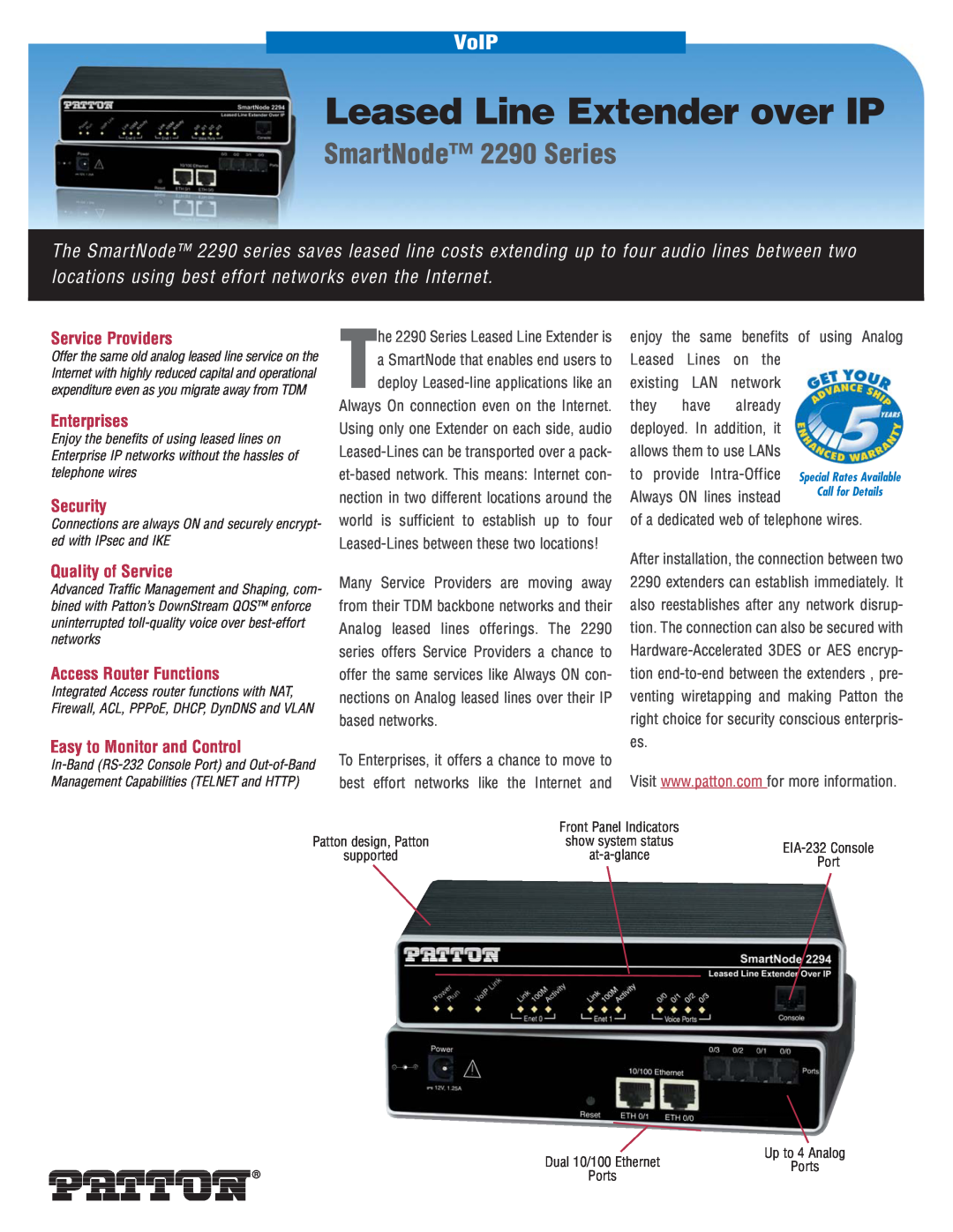 Patton electronic manual Leased Line Extender over IP, SmartNode 2290 Series, VoIP, Service Providers, Enterprises 