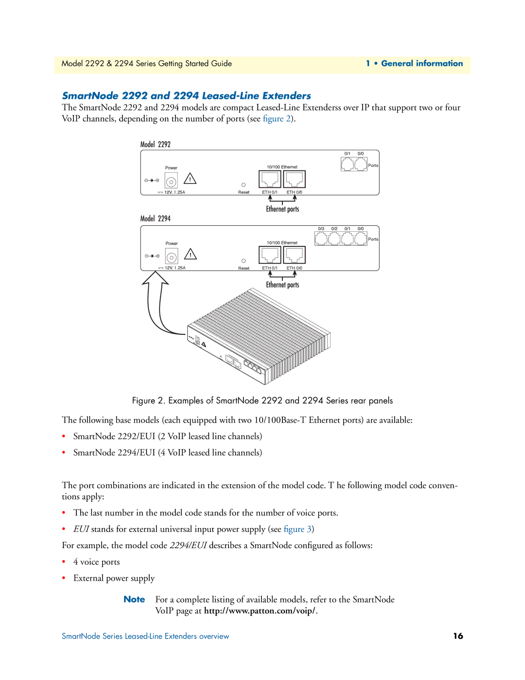 Patton electronic SmartNode 2292 and 2294 Leased-Line Extenders, Examples of SmartNode 2292 and 2294 Series rear panels 