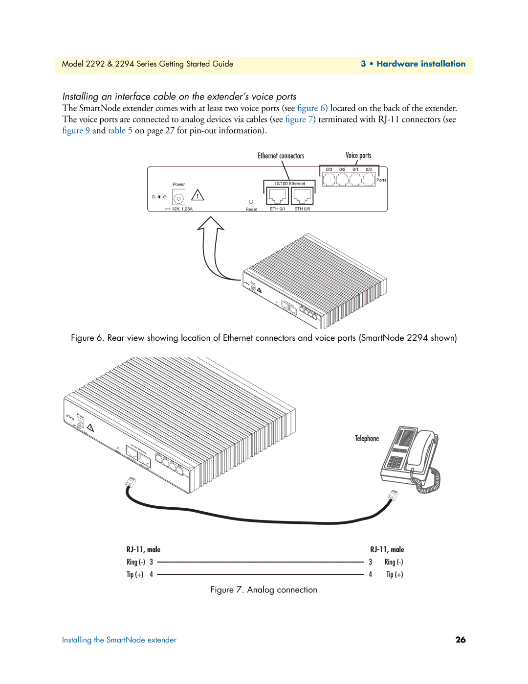 Patton electronic 2294, 2292 manual Installing an interface cable on the extender’s voice ports, RJ-11, male 