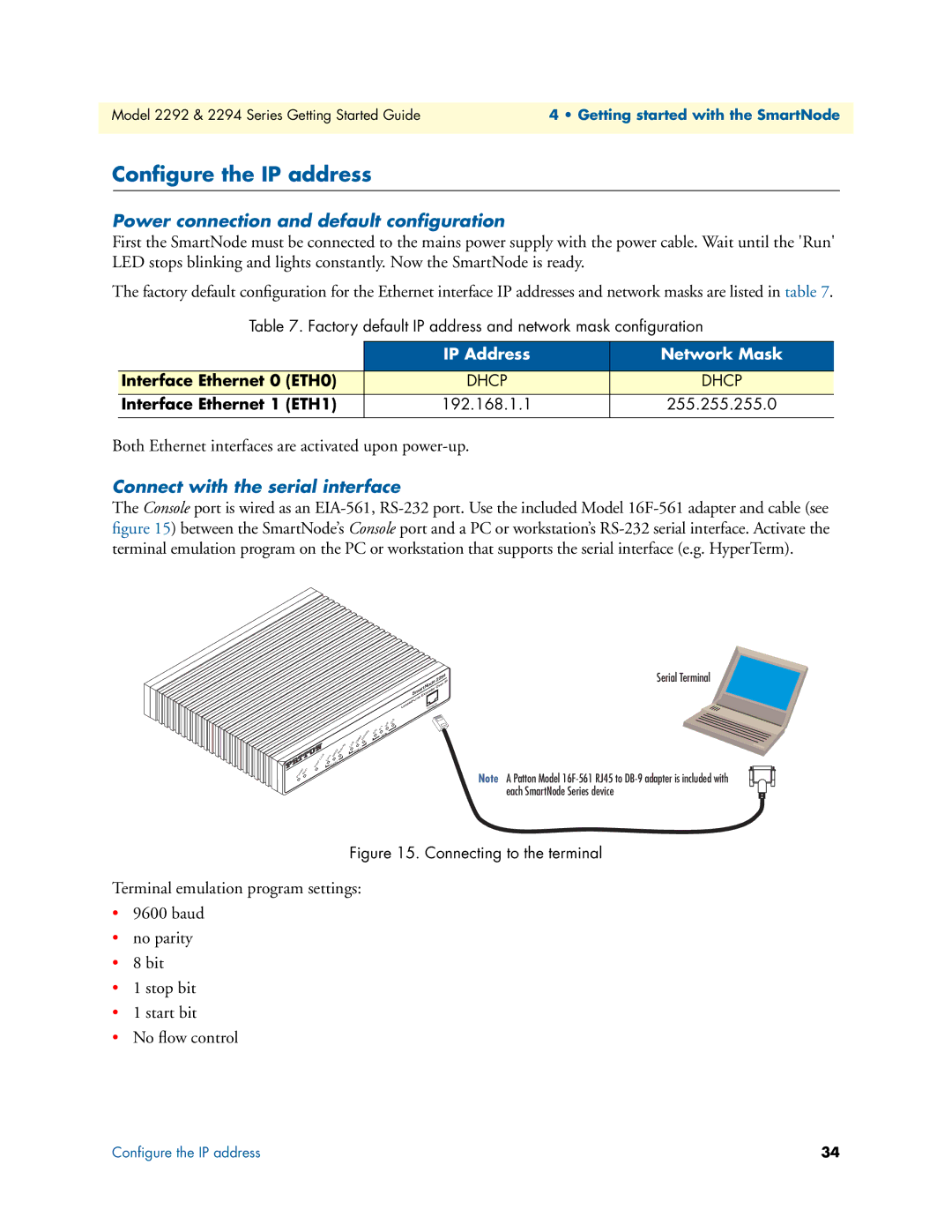 Patton electronic 2294, 2292 manual Conﬁgure the IP address, Power connection and default conﬁguration 