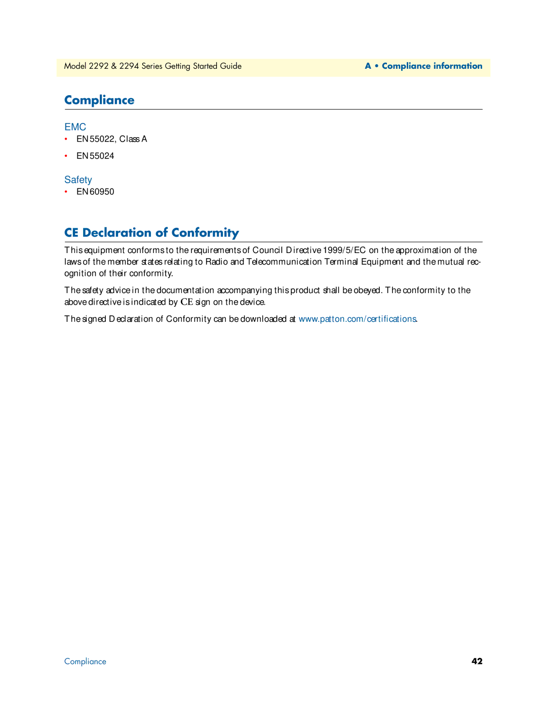 Patton electronic 2294, 2292 manual Compliance, CE Declaration of Conformity, Safety 