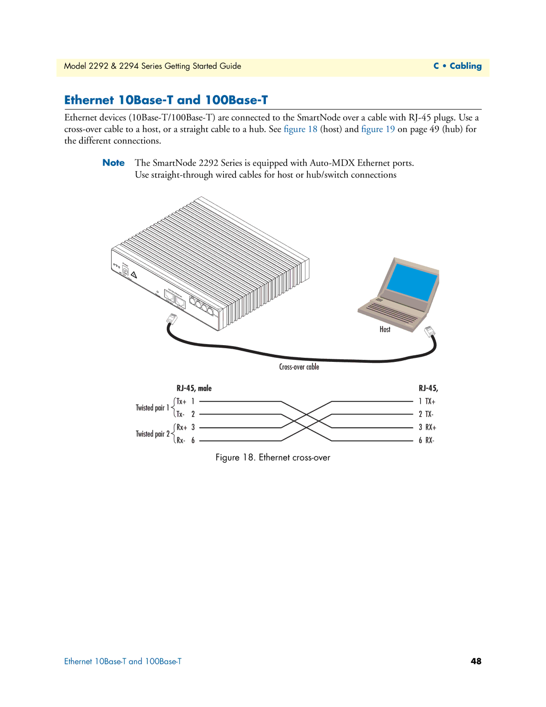 Patton electronic 2294, 2292 manual Ethernet 10Base-T and 100Base-T, Ethernet cross-over 