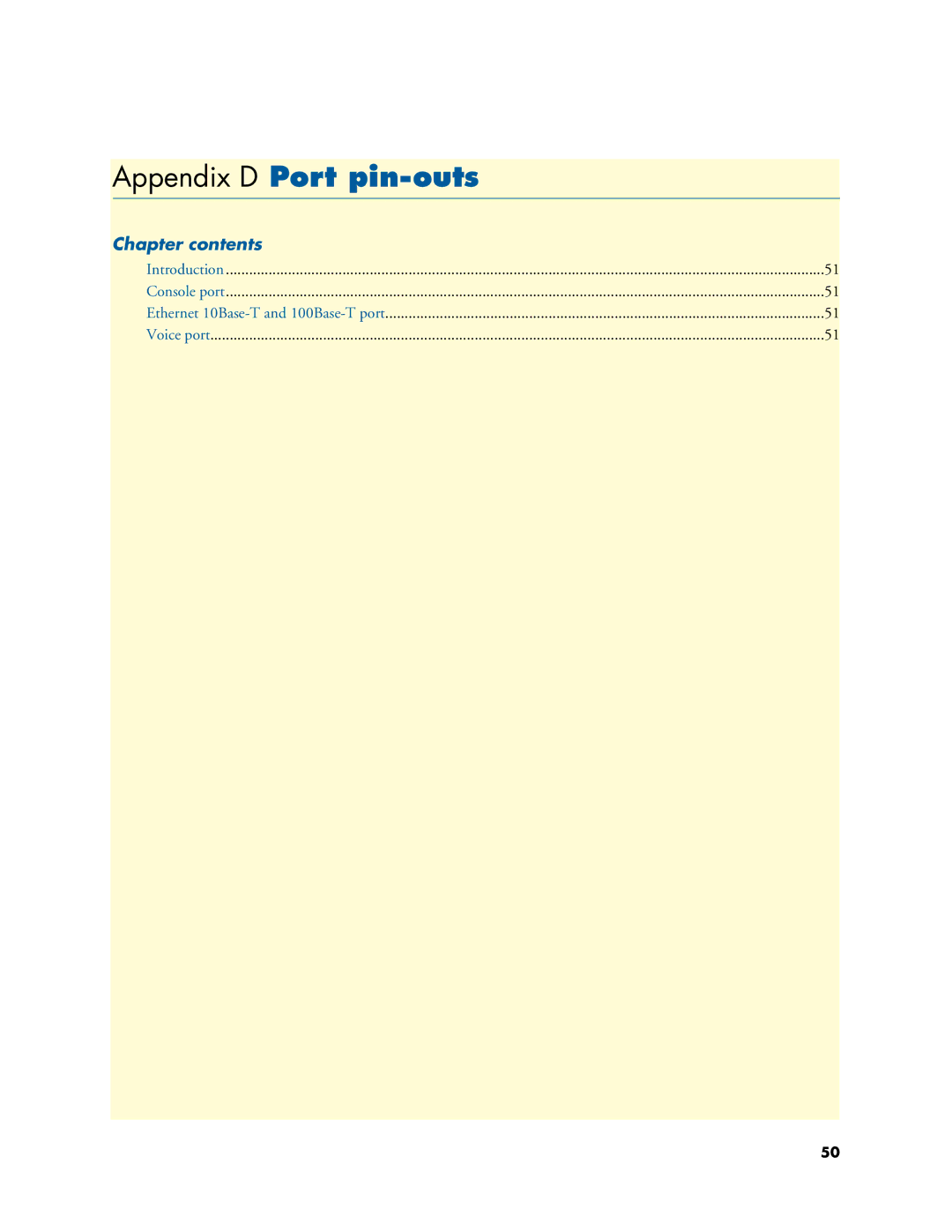 Patton electronic 2294, 2292 manual Appendix D Port pin-outs, Chapter contents 