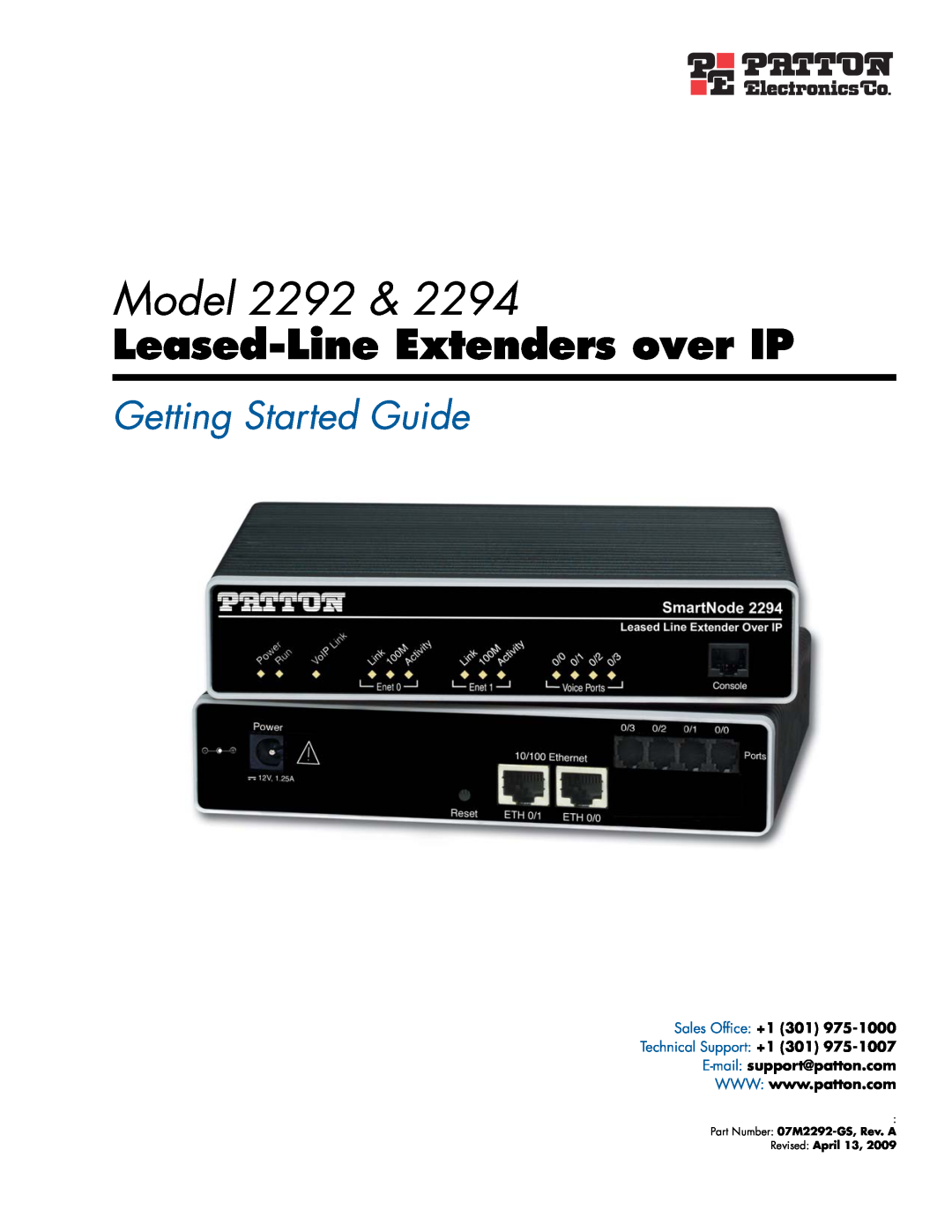 Patton electronic 2294 manual Model 2292, Leased-Line Extenders over IP, Getting Started Guide, Sales Ofﬁce +1 301 
