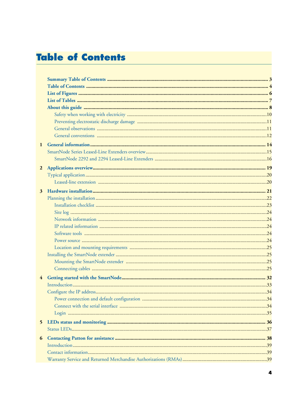 Patton electronic 2294, 2292 manual Table of Contents 