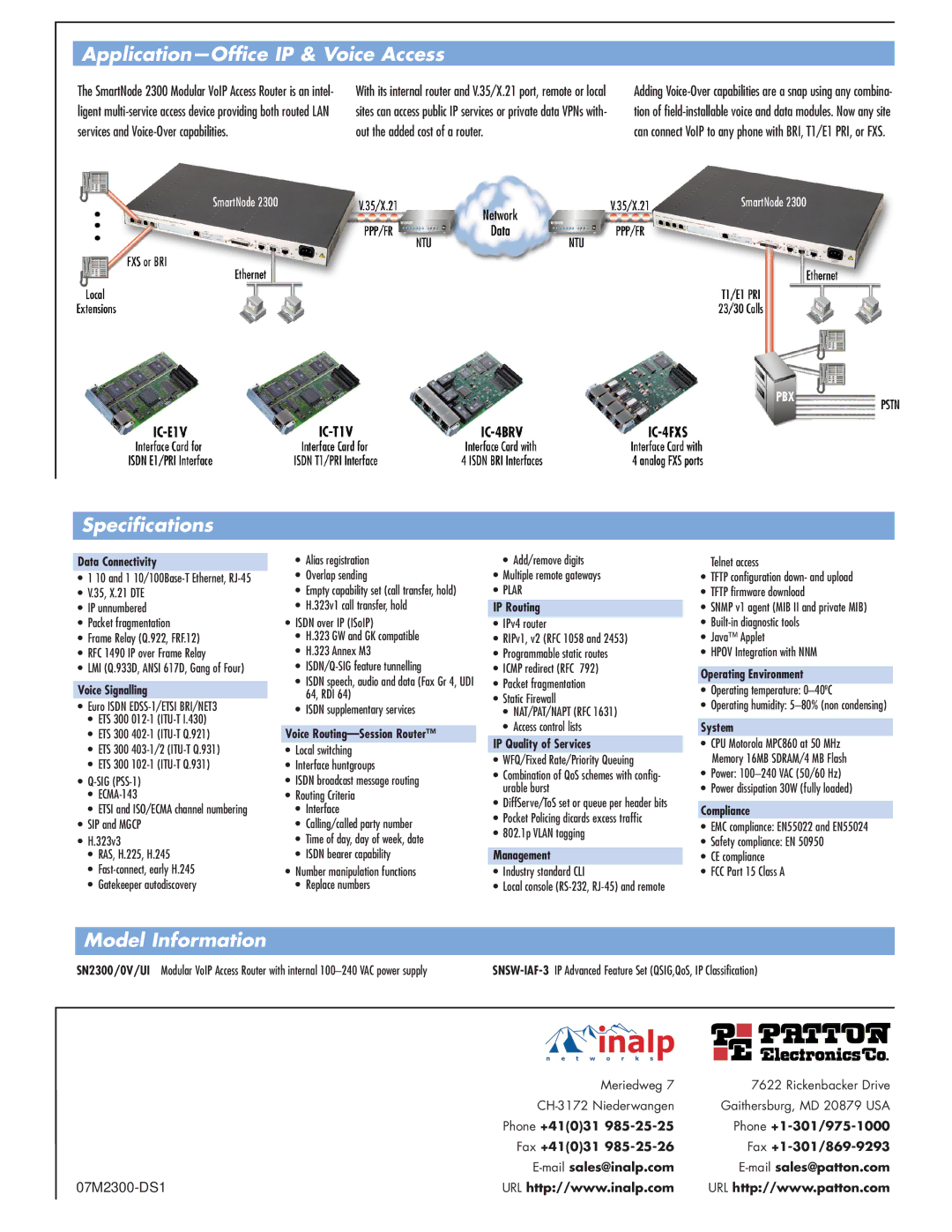 Patton electronic 2300 Series manual Application-Office IP & Voice Access, Specifications, Model Information 