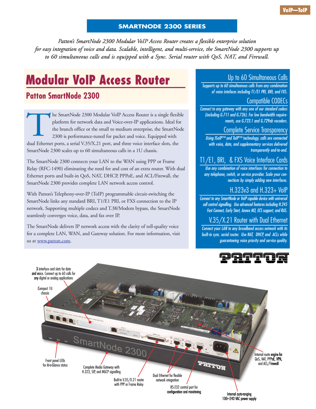 Patton electronic 2300 Series manual Modular VoIP Access Router, Patton SmartNode, H.323v3 and H.323+ VoIP, VoIP-ToIP 