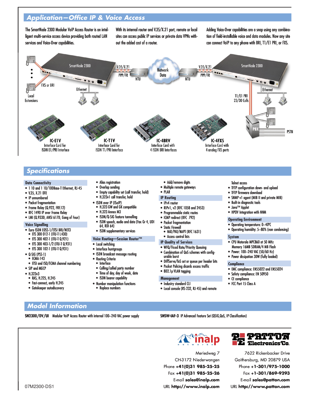 Patton electronic 2300 Series manual Application-Office IP & Voice Access, Specifications, Model Information, 07M2300-DS1 