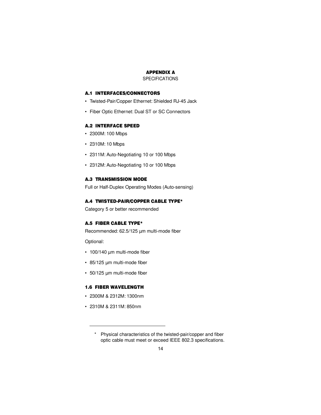 Patton electronic 2300M user manual Appendix a, Interfaces/Connectors, Interface Speed, Transmission Mode, Fiber Cable Type 