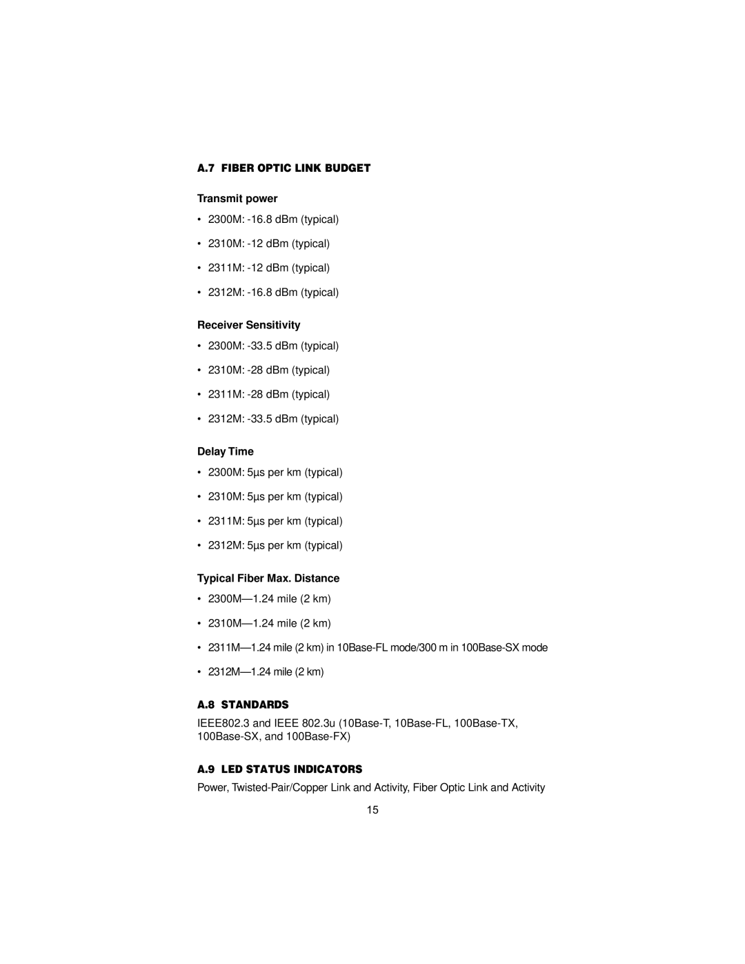 Patton electronic 2300M user manual Fiber Optic Link Budget, Standards, LED Status Indicators 