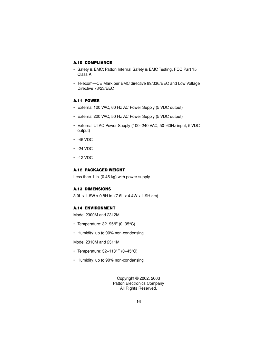 Patton electronic 2300M user manual Compliance, Power, Packaged Weight, Dimensions, Environment 