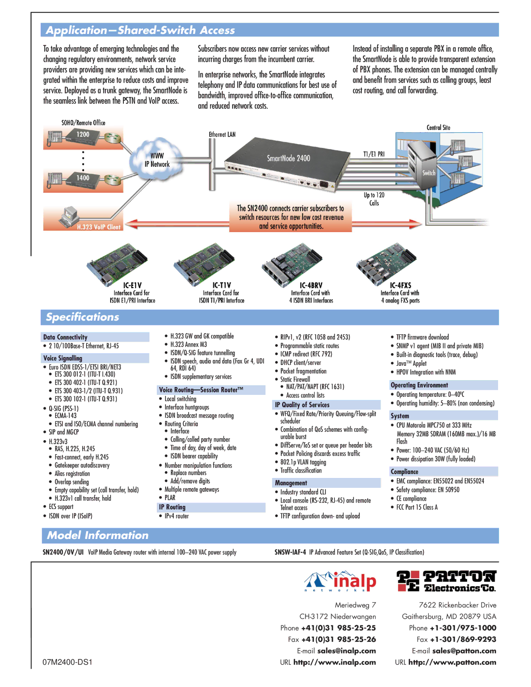 Patton electronic 2400 Series manual Application-Shared-Switch Access, Specifications, Model Information 