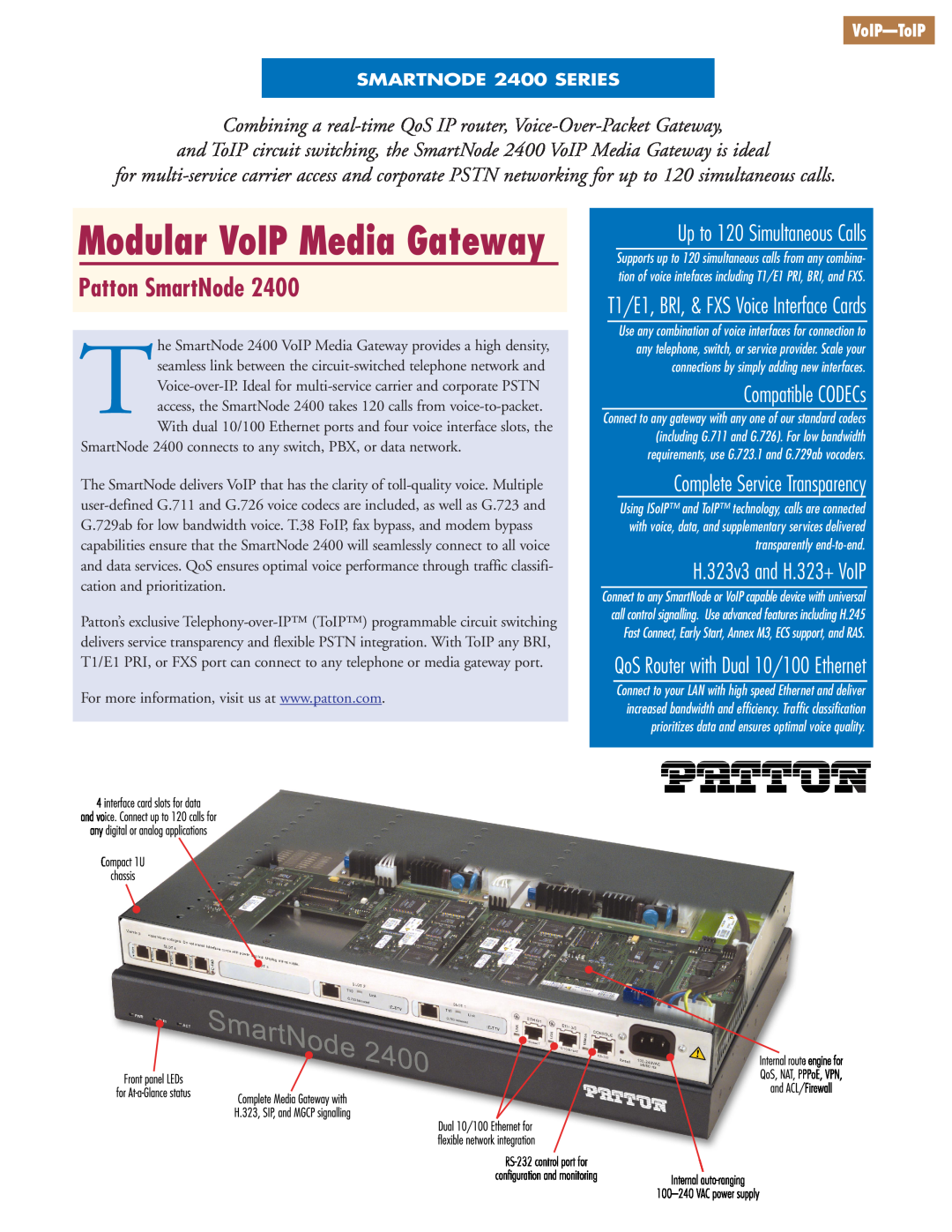 Patton electronic 2400 Series manual Modular VoIP Media Gateway, Patton SmartNode, H.323v3 and H.323+ VoIP 