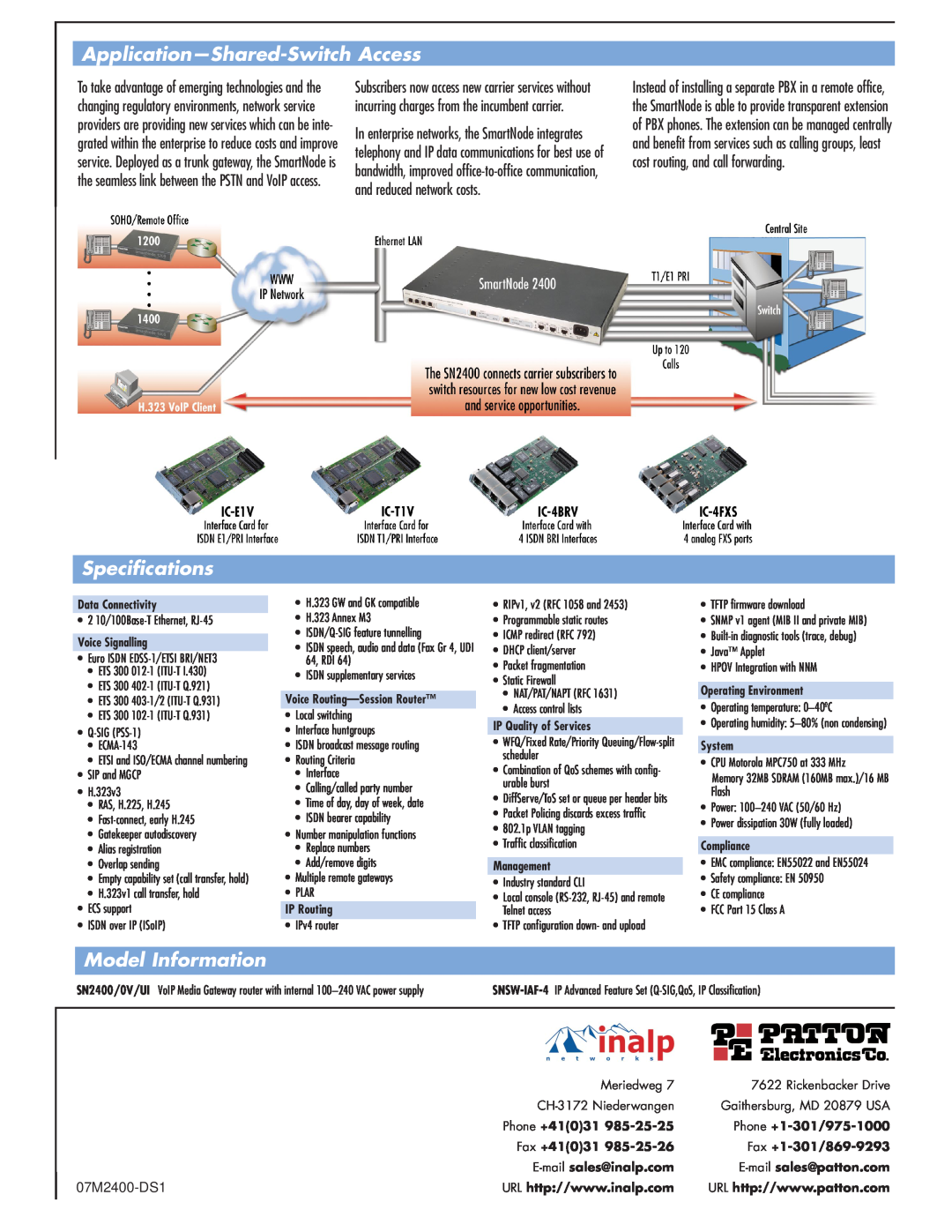 Patton electronic 2400 Series manual Application-Shared-Switch Access, Specifications, Model Information, 07M2400-DS1 