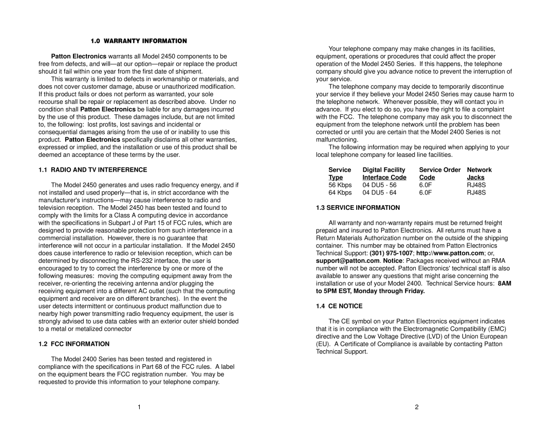 Patton electronic 2450 user manual Radio and TV Interference, FCC Information, Service Digital Facility Service Order 