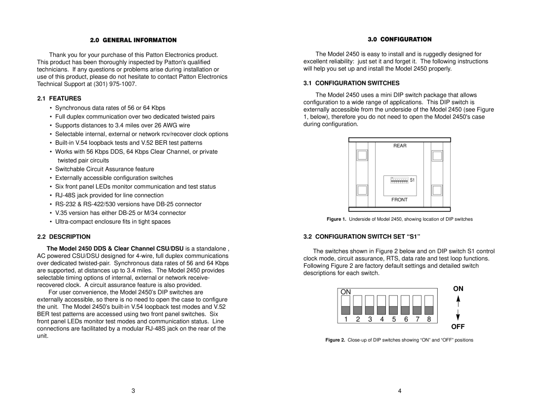 Patton electronic 2450 user manual Features, Description, Configuration Switches, Configuration Switch SET S1 