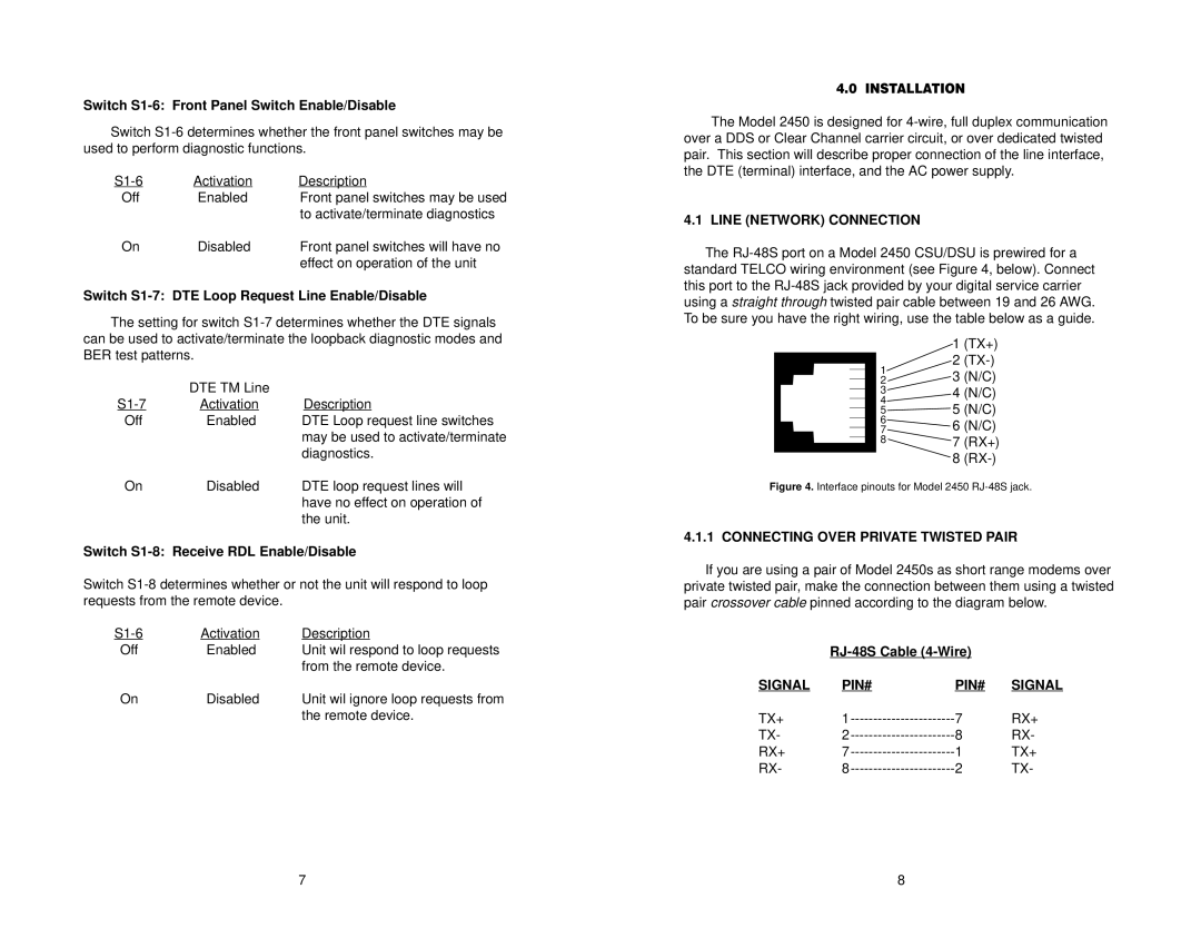 Patton electronic 2450 user manual Line Network Connection, Connecting Over Private Twisted Pair, Signal PIN# 