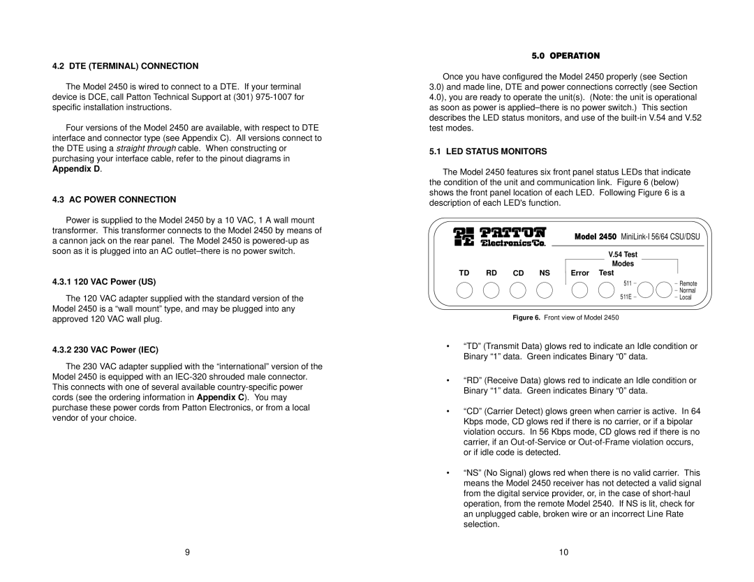 Patton electronic 2450 user manual DTE Terminal Connection, AC Power Connection, 1 120 VAC Power US, 2 230 VAC Power IEC 