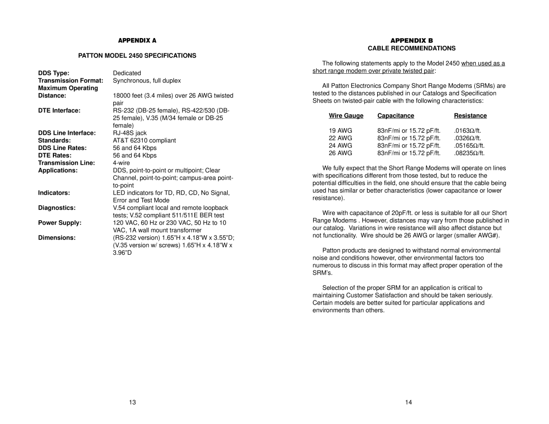 Patton electronic user manual Patton Model 2450 Specifications, Appendix B Cable Recommendations 