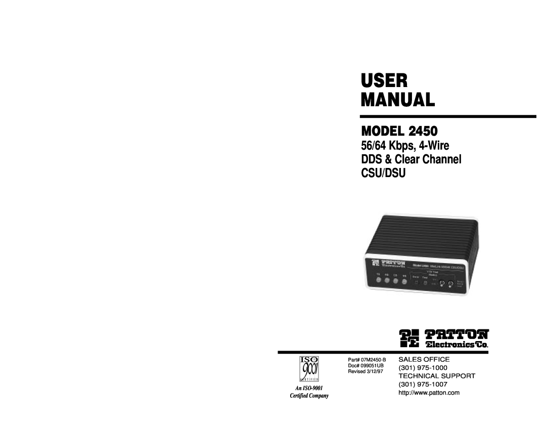 Patton electronic 2450 user manual SALES OFFICE 301 TECHNICAL SUPPORT, User Manual, Model, An ISO-9001, Certified Company 
