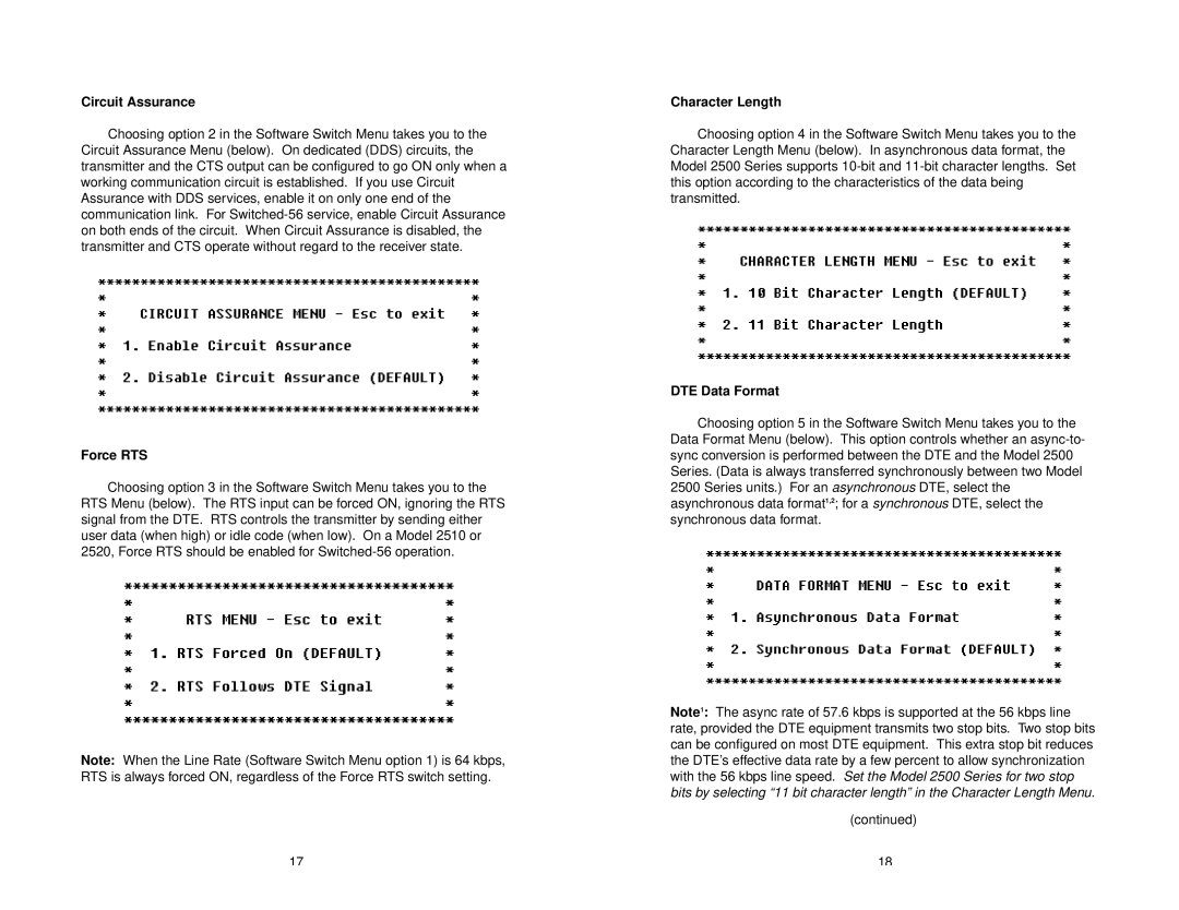 Patton electronic 2500 Series user manual Force RTS, DTE Data Format 