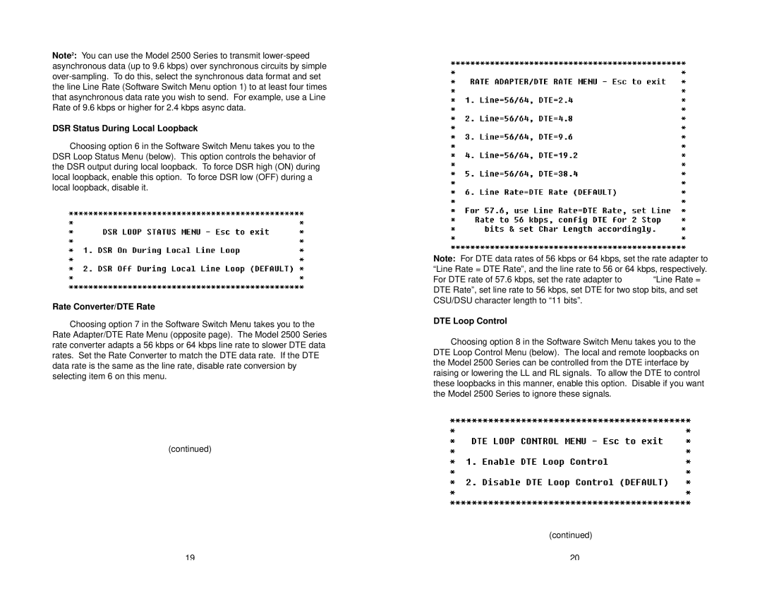 Patton electronic 2500 Series user manual DSR Status During Local Loopback, Rate Converter/DTE Rate 