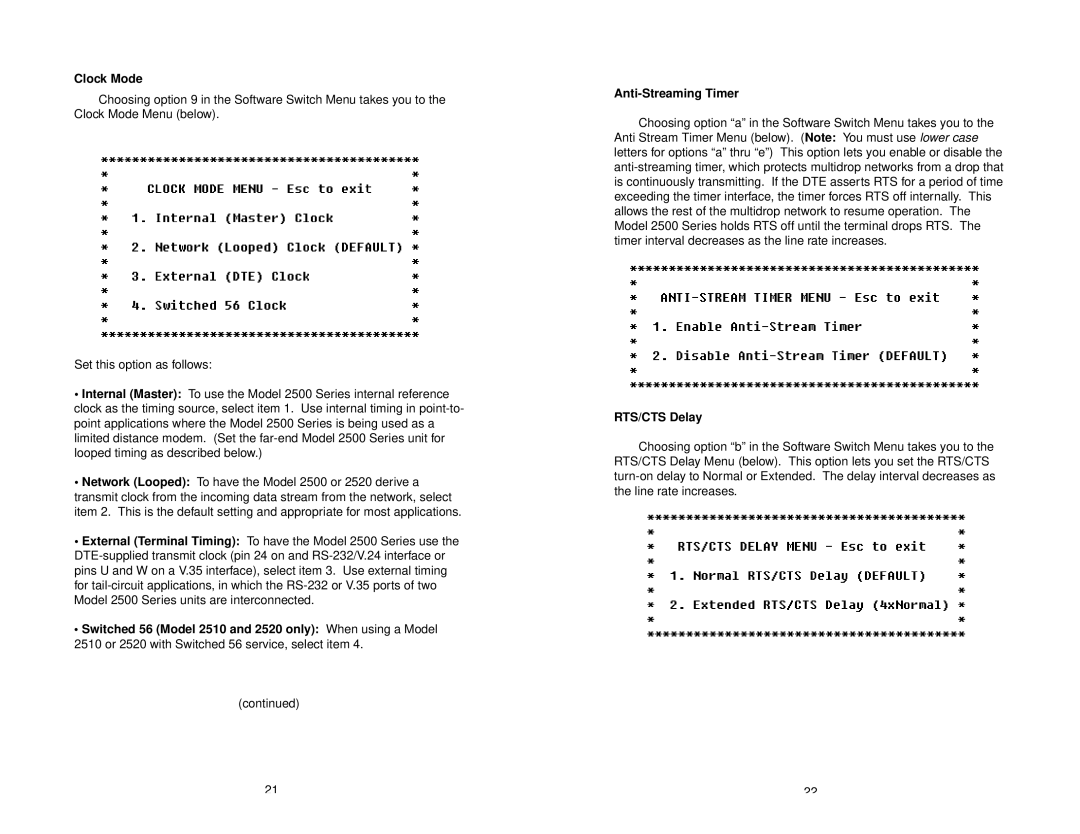 Patton electronic 2500 Series user manual Clock Mode, RTS/CTS Delay 