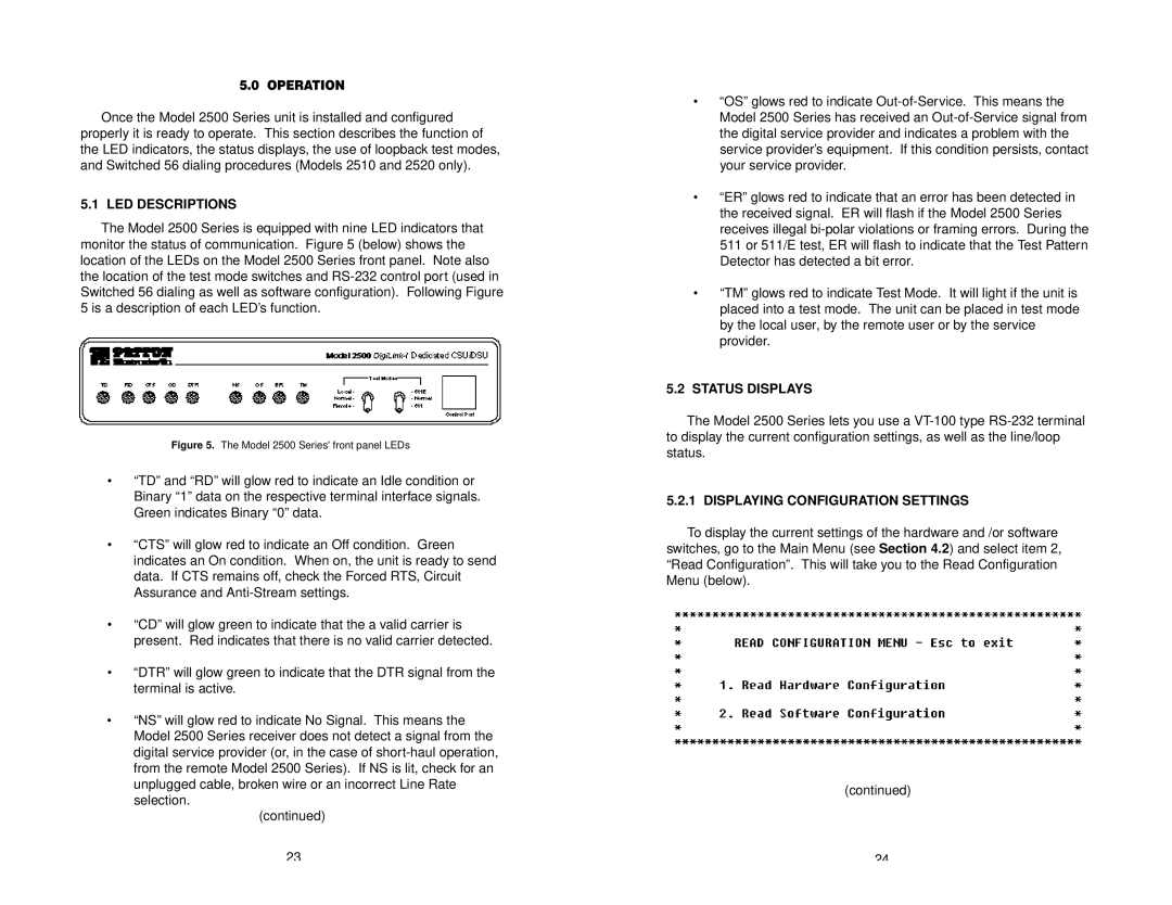 Patton electronic 2500 Series user manual Operation, LED Descriptions, Status Displays, Displaying Configuration Settings 