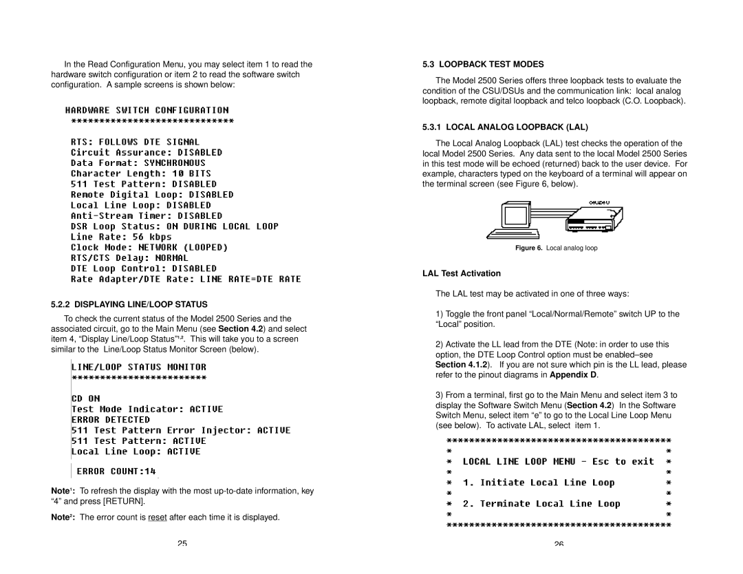 Patton electronic 2500 Series user manual Displaying LINE/LOOP Status, Loopback Test Modes, Local Analog Loopback LAL 