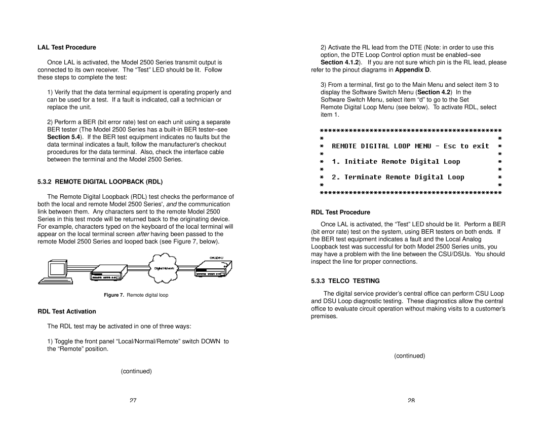 Patton electronic 2500 Series LAL Test Procedure, Remote Digital Loopback RDL, RDL Test Activation, RDL Test Procedure 