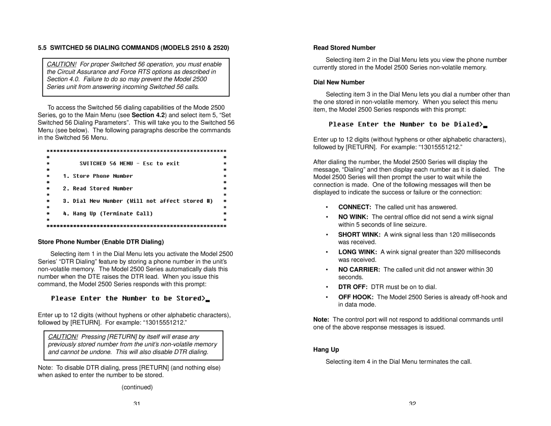 Patton electronic 2500 Series Switched 56 Dialing Commands Models 2510, Store Phone Number Enable DTR Dialing, Hang Up 