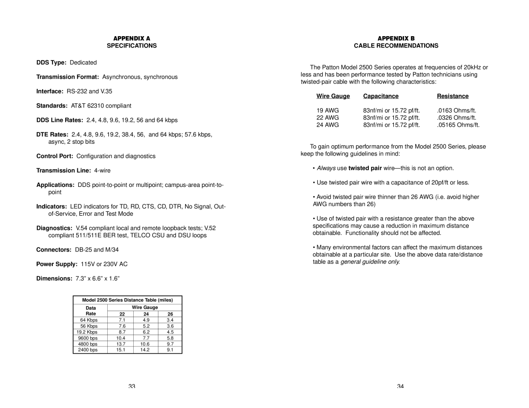 Patton electronic 2500 Series user manual Appendix a Specifications, DDS Type Dedicated, Transmission Line 4-wire 