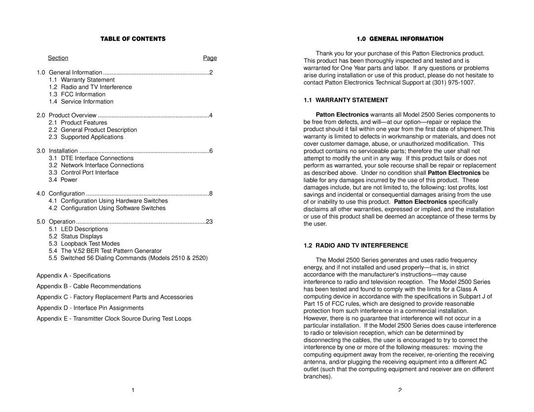 Patton electronic 2500 Series Table of Contents, General Information, Warranty Statement, Radio and TV Interference 
