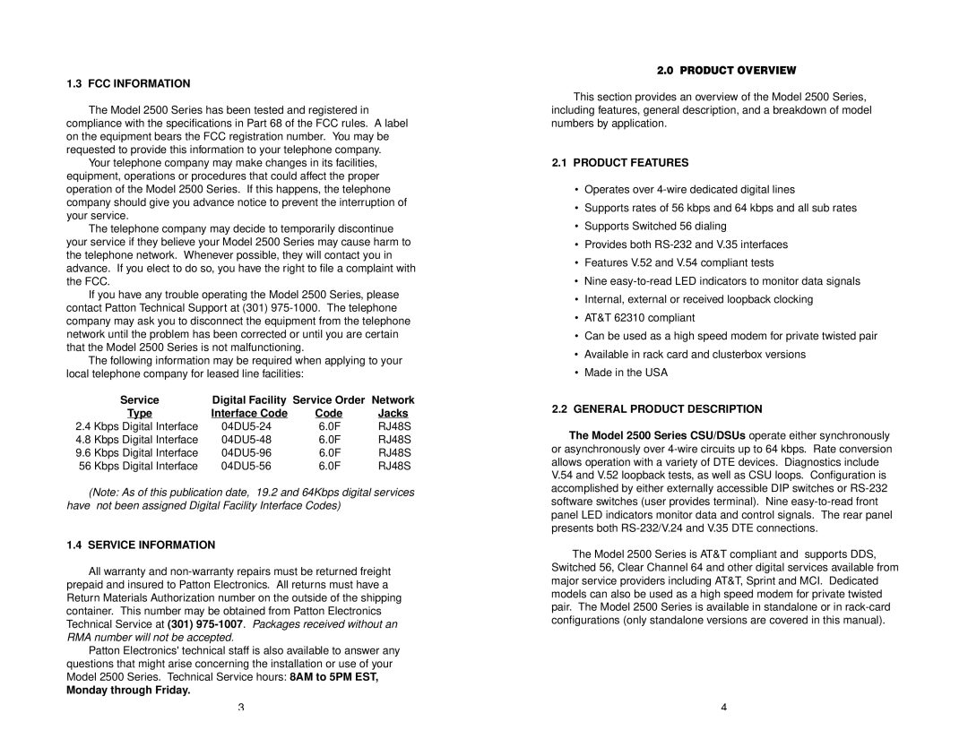 Patton electronic 2500 Series user manual FCC Information, Service Information, Product Overview, Product Features 