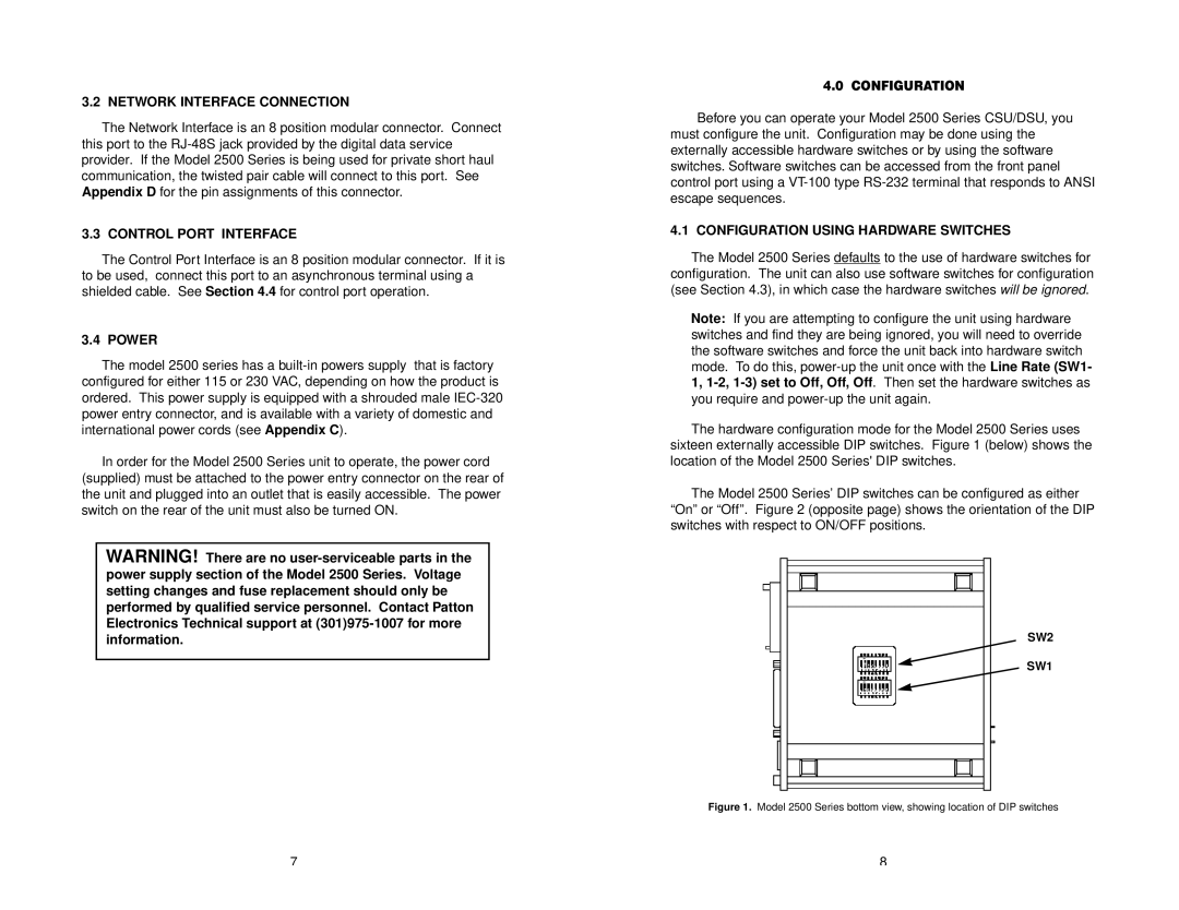 Patton electronic 2500 Series user manual Network Interface Connection, Control Port Interface, Power, Configuration 