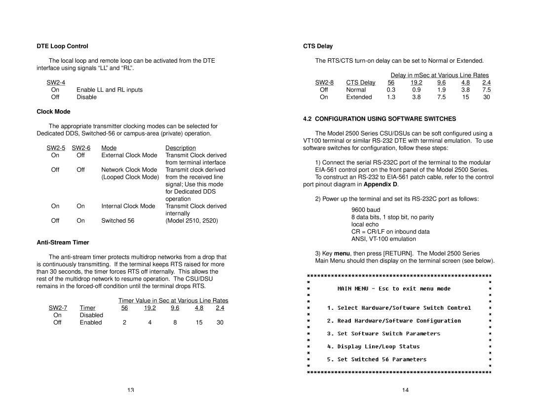 Patton electronic 2500 Series user manual DTE Loop Control, Clock Mode, Anti-Stream Timer, CTS Delay 