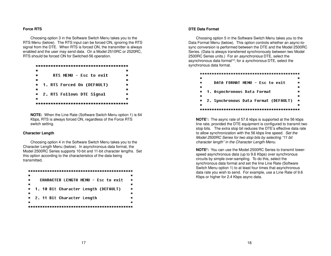 Patton electronic 2500RC, 2520RC, 2510RC user manual Force RTS, Character Length, DTE Data Format 