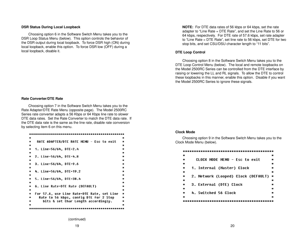 Patton electronic 2510RC, 2520RC DSR Status During Local Loopback, Rate Converter/DTE Rate, DTE Loop Control, Clock Mode 