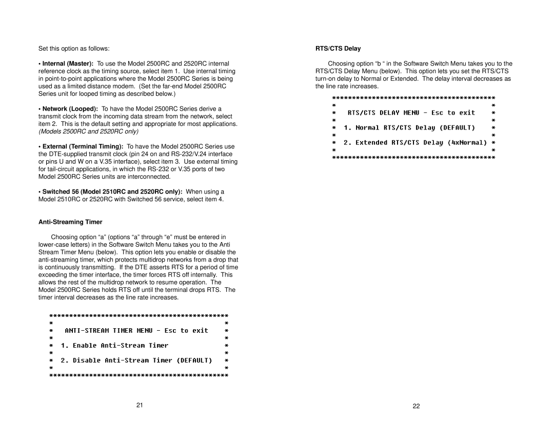 Patton electronic 2520RC, 2500RC, 2510RC user manual Anti-Streaming Timer, RTS/CTS Delay 