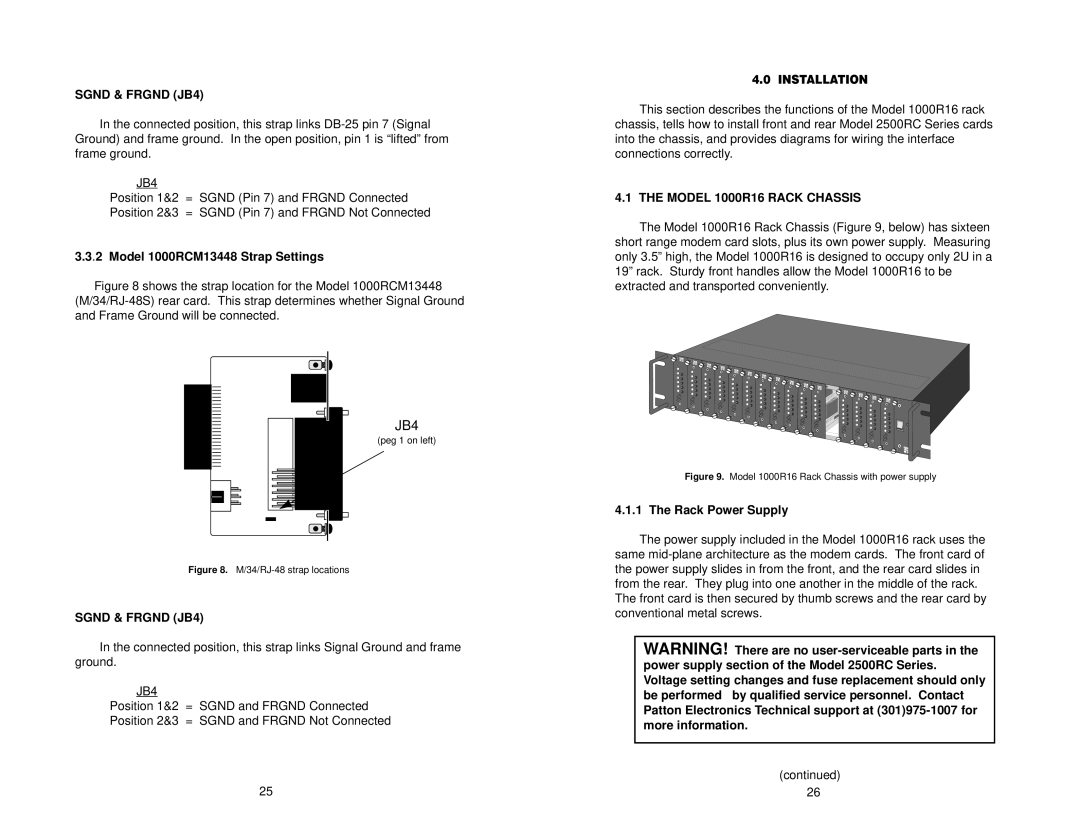 Patton electronic 2510RC, 2520RC, 2500RC Sgnd & Frgnd JB4, Model 1000RCM13448 Strap Settings, Model 1000R16 Rack Chassis 