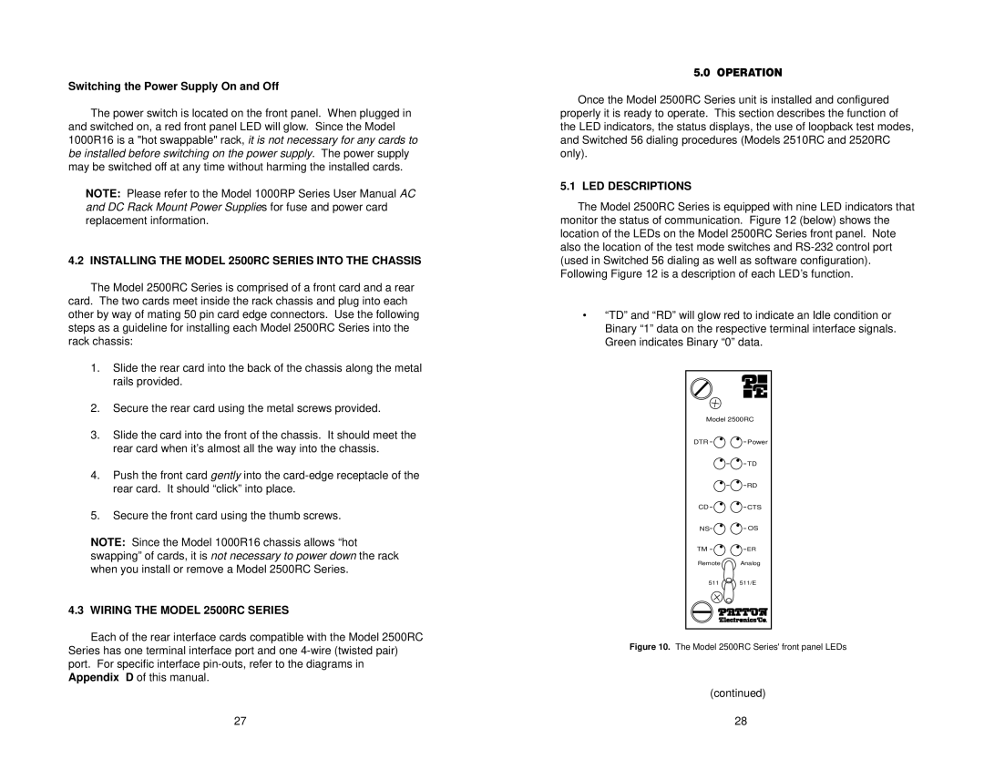 Patton electronic 2520RC Switching the Power Supply On and Off, Installing the Model 2500RC Series Into the Chassis 