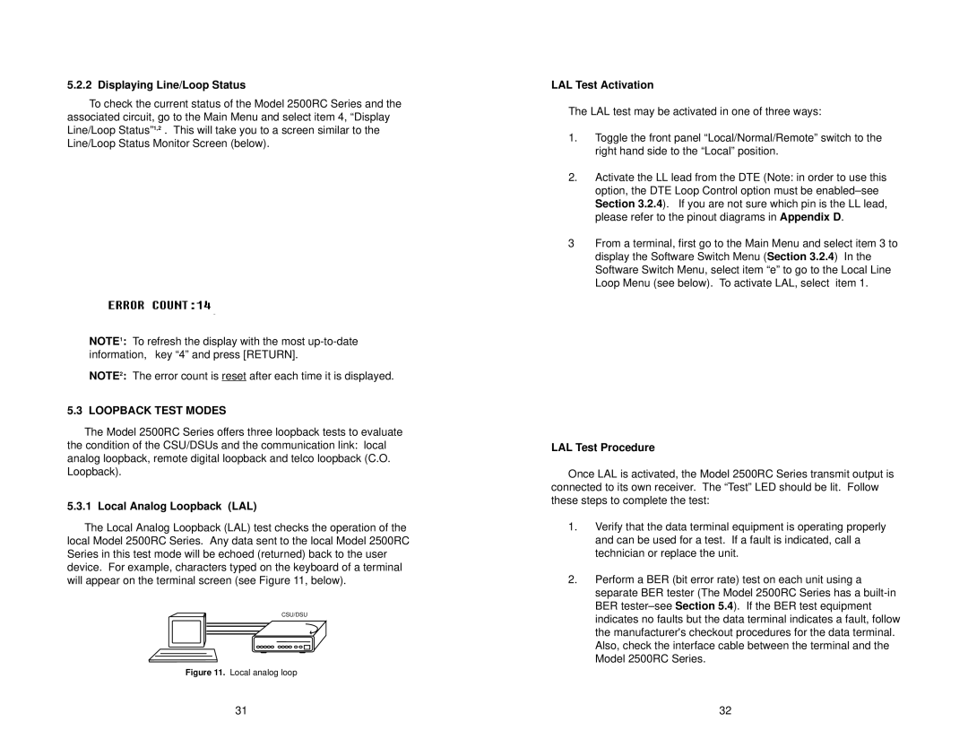 Patton electronic 2510RC Displaying Line/Loop Status, Loopback Test Modes, Local Analog Loopback LAL, LAL Test Activation 