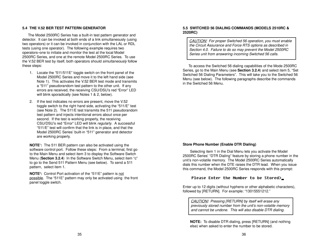 Patton electronic 2500RC user manual V.52 BER Test Pattern Generator, Switched 56 Dialing Commands Models 2510RC & 2520RC 